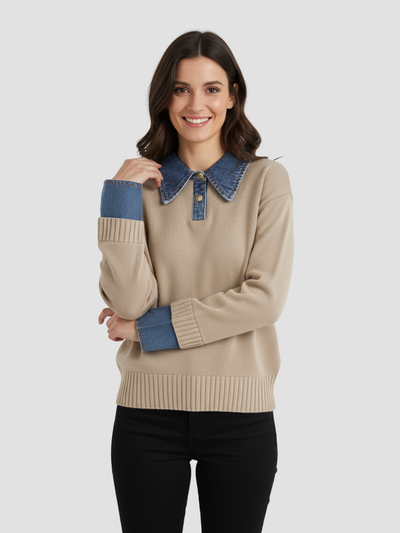 YSANDRA | JERSEY DE MUJER CON DETALLES EN DENIM – COMODIDAD NATURAL Y DISTINCIÓN URBANA