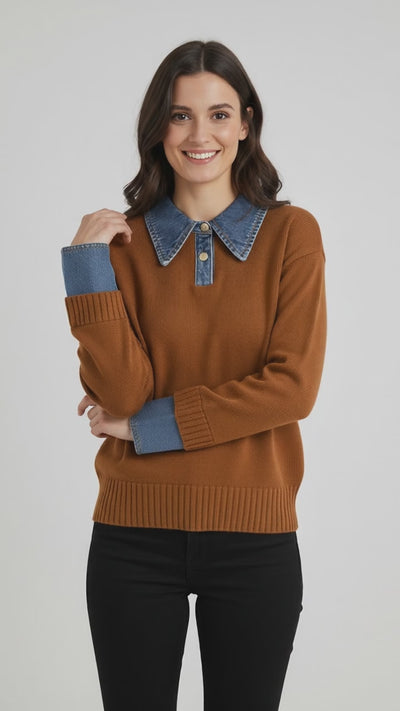 YSANDRA | JERSEY DE MUJER CON DETALLES EN DENIM – COMODIDAD NATURAL Y DISTINCIÓN URBANA